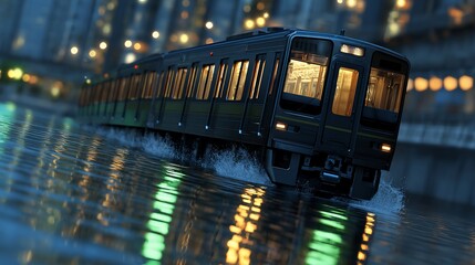 Train reflecting in flooded city street at night, lights blur in background