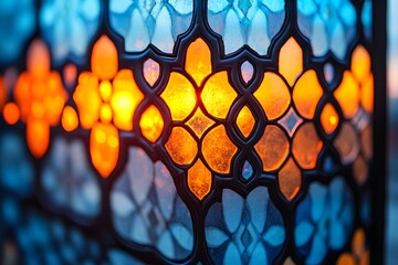 Ornate, illuminated glasswork displays a pattern of warm amber and cool blue tones