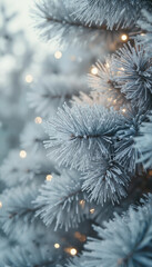 Frosted pine branches with warm lights during winter season  