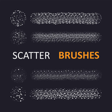 Vector scatter brushes set with textured spray particles, abstract grain dots and noise strokes for digital illustration, modern graphic design, posters