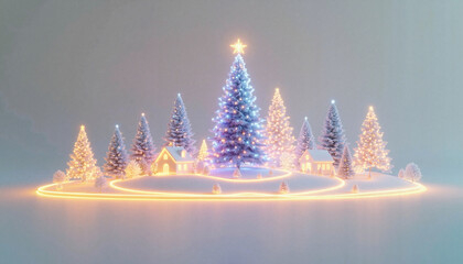 Festive Christmas village with glowing trees and lights in winter  