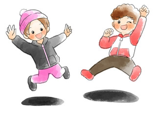 冬服の子供達がジャンプしているイラスト　手描き　水彩風