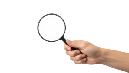 Hand holding magnifying glass isolated on a transparent background black handle white circle human hand