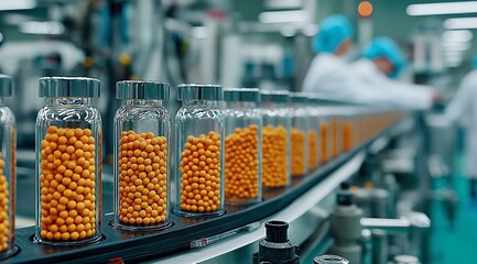 Bottles with yellow balls move on factory conveyor belt