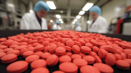 Production of red tablets in factory setting