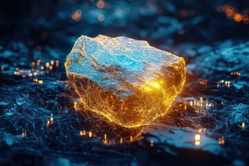 Mysterious Glowing Crystal Rock with Digital Network Overlay, Symbolizing Data, Technology, AI, Blockchain, and Interconnectedness in a Sci-Fi World.