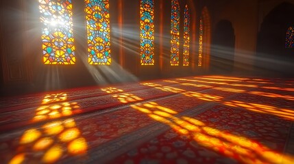 Sunlight streams through colorful ornate windows illuminating an empty interior space with patterned carpets