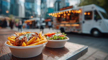Delicious loaded fries topped with savory meat and a fresh salad, set against a vibrant food truck scene in the background.