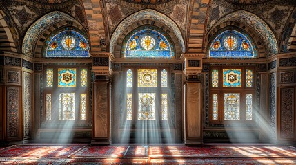 Ornate historical interior space features dramatic sunbeams filtering through detailed stained glass windows