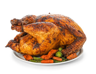Plate with tasty roasted turkey and different vegetables for Thanksgiving day on white background