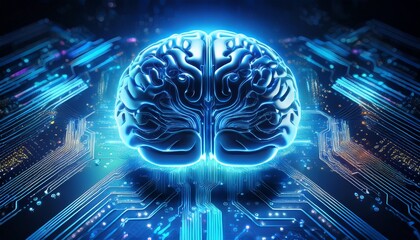 visualization of a glowing blue brain overlaying a microchip on a digital circuit board represents artificial intelligence neural networks and advanced technology in data and computation