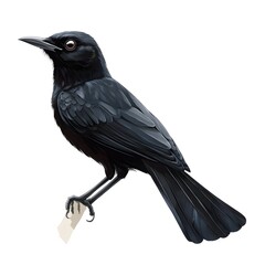 Detailed illustration depicts a sleek black corvid perched upon a small scrap of light material.