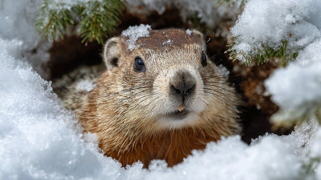 A small, furry groundhog emerges from its snowy burrow, its dark eyes curious and alert, snow resting atop its head, capturing the essence of winter wildlife.