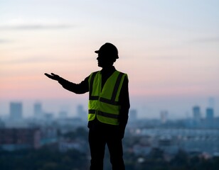 Powerful Silhouette of Engineer Directing Construction Crews from Elevated Ground During Large-Scale Infrastructure Project