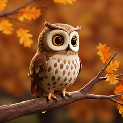 Cute Cartoon Owl with Large Yellow Eyes and Speckled Brown and White Feathers Perched on a Branch Amid Autumn Leaves in a Warm, Cozy Fall Background