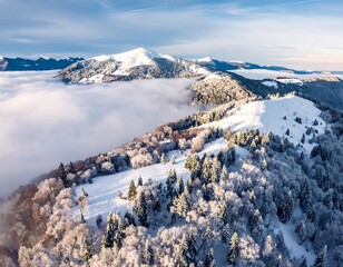 Aerial view of a snow-covered mountain range above a sea of clouds