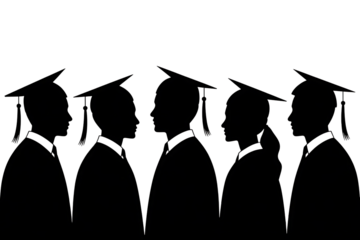 Five graduates, wearing caps and gowns in profile view, cutout, PNG isolated on transparent background