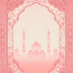 Ornate archway frames a stylized silhouette of multiple domed religious structures with tall minarets