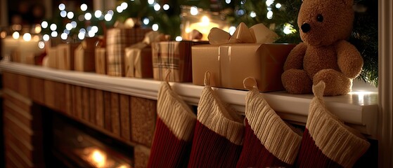 Obraz premium Red stockings hang by the fireplace while a beautifully decorated Christmas tree stands next to neatly wrapped gifts on the floor