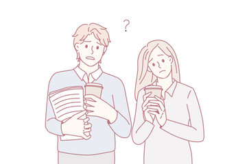 Stressed students with coffee to go and paperwork feel frustrated with exam preparation. Unhappy colleagues distressed with work deadline, prepare research. Overwork. Vector illustration.