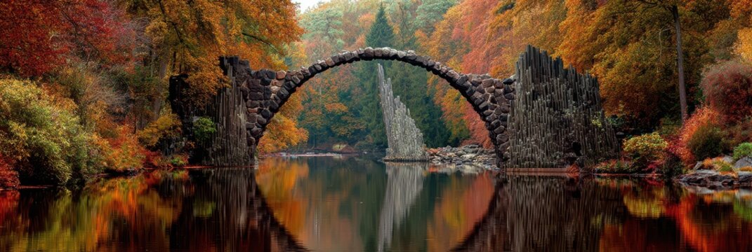 Autumn Serenity at Rakotz Bridge: A Colourful German Landscape Over Tranquil Waters in Kromlau Park