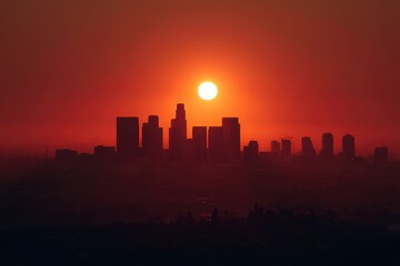 Los Angeles Skyline at Dawn: A Vibrant Sunrise Silhouette Over the City