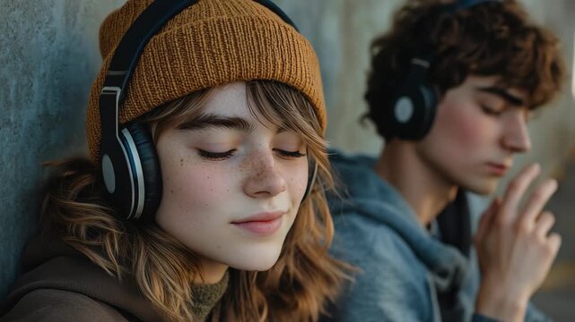 Teenage boys, girls, and nonbinary person enjoying music while sitting against a wall in an urban setting during a sunny afternoon