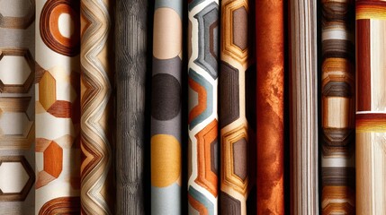 A collection of vibrant wallpaper rolls featuring unique patterns and textures, perfect for enhancing interior spaces and inspiring creative design ideas