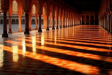 Sunlight casts dramatic parallel shadows across an ornate, colonnaded interior space at low angle