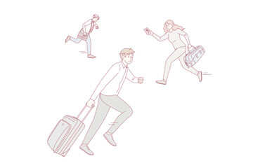 Anxious people with baggage running in airport not miss plane. Worried diverse men and women travelers with luggage rush in hurry for boarding at gate. Travel and tourism. Flat vector illustration.