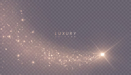 Naklejka premium A golden magical comet effect with multiple sparkling bokeh and shimmering light effects. A magical golden wind for web design and fairy tales. Vector. 