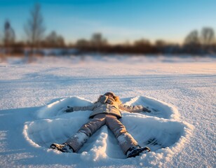 Joyful Single Child Creating a Snow Angel in Fresh Winter Snow Capturing Innocence, Playfulness, and Seasonal Wonder