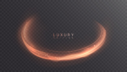 A golden, curved light trail with a soft glow on a transparent background. A vibrant, arched swirl with glittering highlights for overlays, titles, and abstract designs.   © Valeriia