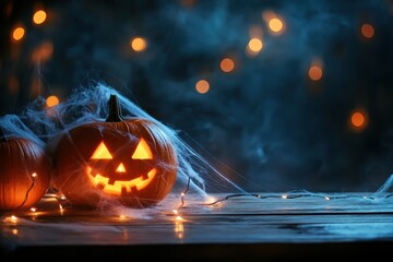 Mystical Halloween jack-o'-lantern, smiling warmly, adorned with delicate spiderwebs and surrounded by enchanting, shimmering bokeh lights.