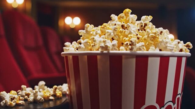 Popcorn delight in red striped bucket with red seat background