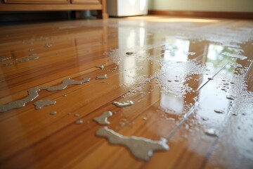Close-up of a wet hardwood floor showing water damage and the need for repair.