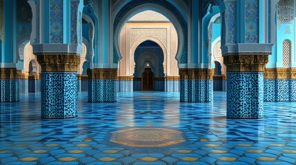 Ornate architectural interior features numerous columns supporting intricate arches in vibrant blue and gold tones