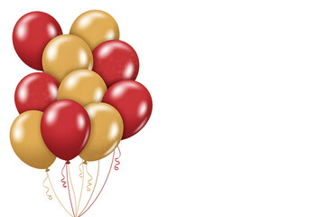 Red and gold balloons, with curling ribbons, cutout, PNG isolated on transparent background