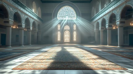 Dramatic sunbeams illuminate the vast interior space of an ornate, columned hall