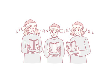 Gospel and Christmas celebration concept. Group of children teens in green sweaters and santa hats standing and singing traditional songs for holiday vector illustration