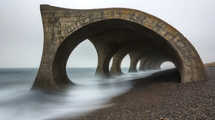 Series of curved concrete arches extend along a rugged beach toward the sea