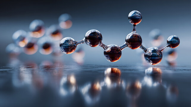 A close-up view of interconnected molecular structures, showcasing reflecting spheres against a soft blue background, highlighting the essence of chemistry.