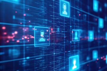 Digital Network Grid Showcasing Interconnected User Profiles and Data Flow, Illustrating Online Communication, Cyber Security, and Modern Information Management Systems.