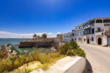 Obraz premium Coastal Scene with Traditional White Buildings and Sea, of Mahdia in northeasternin Tunisia, on the Mediterranean Sea, a travel background or wallpaper for your project