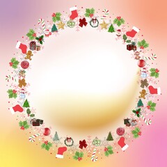 Decorative Christmas wreath frame with festive elements and empty center space. Ideal for holiday cards, invitations, banners and seasonal graphic designs.