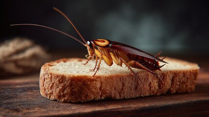 Close-up of a cockroach on a slice of bread, showing its brown exoskeleton, long antennae, and multiple legs, highlighting hygiene concerns & pest infestations.