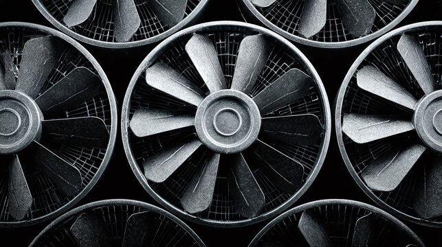 A mesmerizing top-down shot of multiple cooling fans, arranged in a circular grid. The metallic blades and intricate grills create a dynamic, industrial aesthetic on a dark background.