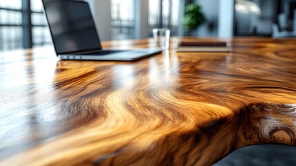 Highly polished natural wood surface with laptop and glass reflecting bright office interior