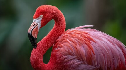 A vibrant flamingo presents its striking plumage, showcasing nature's artistry. The gentle curve of its neck and subtle textures of its feathers are an invitation to admire.