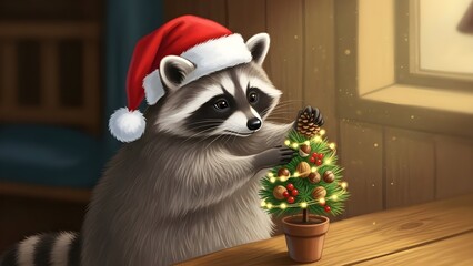 Raccoon in Santa Hat Decorating Mini Christmas Tree with Nuts and Lights
